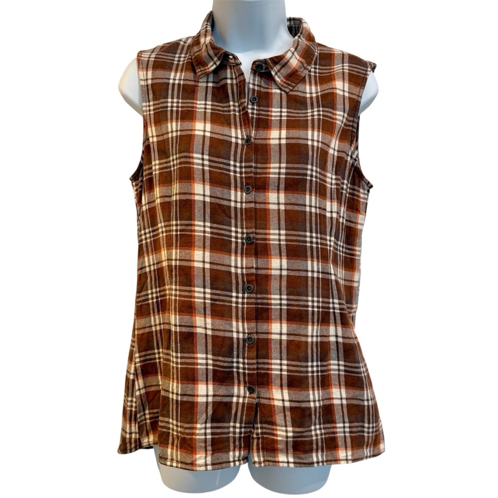 White Crow Sleeveless Lace Back Brown Orange Plaid Button Down Collar Top Medium